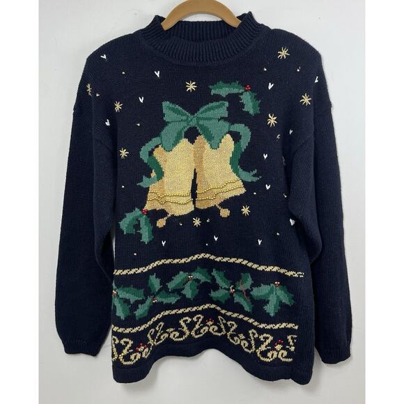 Vtg Panther Ugly Christmas Sweater Black Gold Bows Holiday Holly Medium Green - Picture 1 of 7